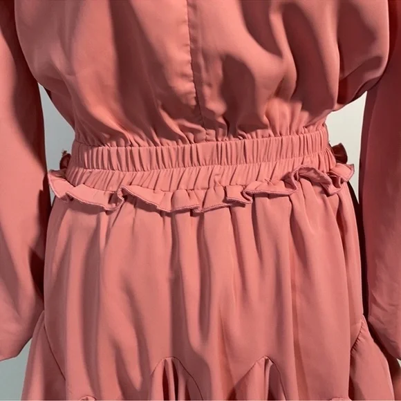 Mainstrip Peach Pink Long Sleeve Smocked Waist Ruffle Mini Dress – Size M - Picture 9 of 12